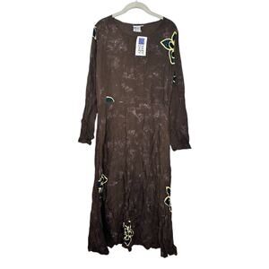 Hary Dary Womens Brown Long Sleeve Floral Painted Dress Boho Maxi Dress Sz S/M
